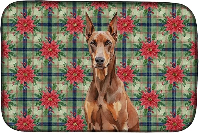 Caroline's Treasures Red Doberman Pinscher Christmas PoinsettIas Dish Drying Mat Absorbent Dish Drying Mat Pad for Kitchen Counter Dish Drainer Mat for Countertop, 14 x 21", Multicolor