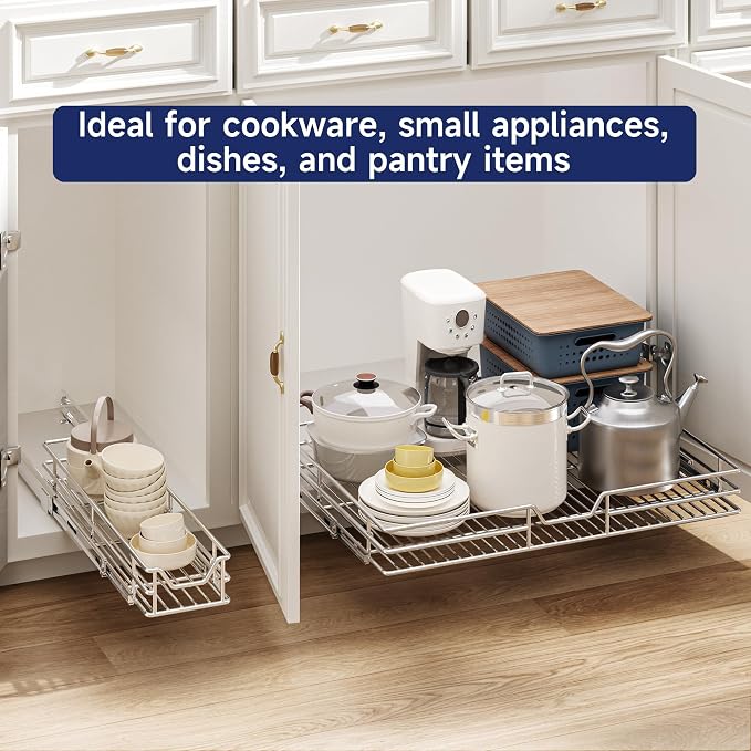 Pull Out Cabinet Organizer, 22.5" W x 21.5" D, Heavy Duty Chrome Slide Out Shelf for Wide Base Cabinets, Sliding Wire Basket Drawer for Pots, Pans, Appliances & Pantry Storage