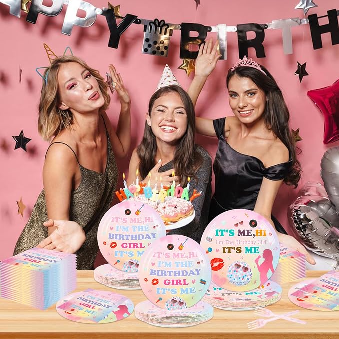 200PCS Its Me Hi Im The Birthday Girl Its Me Party Supplies Serve 50,Birthday Paper Plates,Napkins,And Forks Kit for Music Party Decoration.
