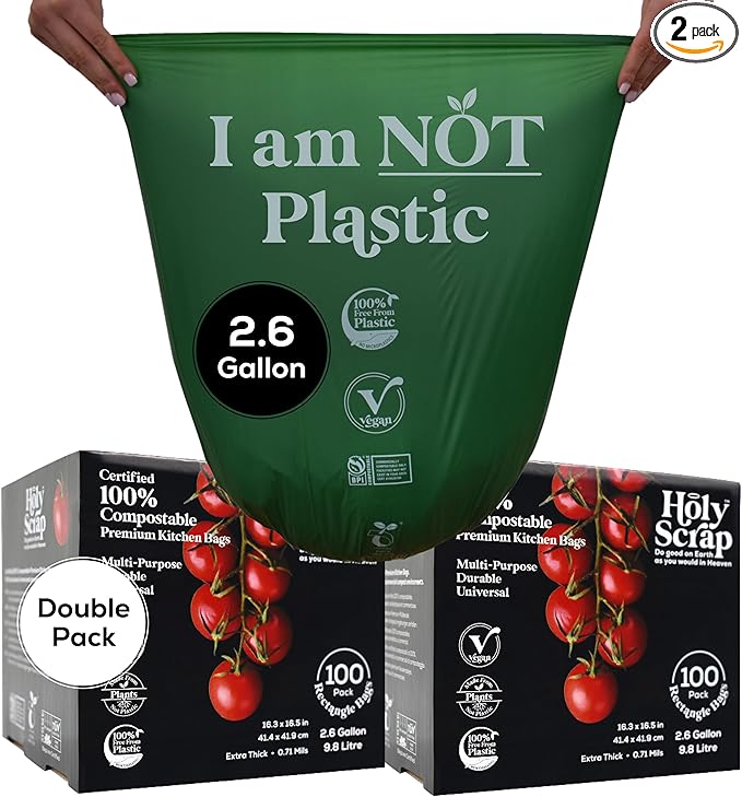 Small Compostable Trash Bags - 2.6 Gallon, 200 Pack, 100% Plastic-Free Decomposing Kitchen Food Waste Trash Can Bags & Liners, Thick Countertop Garbage, Bathroom & Bio Bin Bags