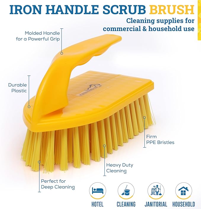KLEEN HANDLER Iron Handle Scrub Brush for Household & Commercial Cleaning for Shower, Bathroom, Sink, Kitchen, Bathtub, Floor Scrubbing, 6 Pc - Yellow