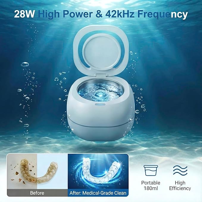 Ultrasonic Retainer Cleaner Machine, White, 42KHZ Dental Cleaning Pod For Denture, Toothbrush Heads,Jewelry, Braces, Digital Timer with 2 Modes, 180ML,304 stainless steel inner liner