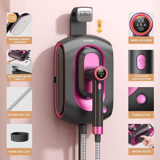 Newbealer 2In1 Pro Station Iron, 1550W Turbo Steam, 1.2L Tank (Ashpink) | Hanging Garment Steamer, 3-Level Steam & 3 Dry Ironing, 30s Heat Up, Self Clean, Auto-Off, Versatile for Home/Hotel/Boutique