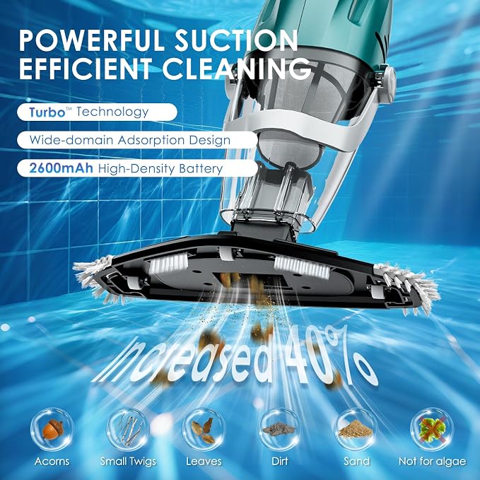 Pool Vacuum for Above Ground Pool, Handheld Rechargeable Pool Cleaner, Turbo™ Technology, Strong Suction 2700L/H, Running up to 75Min, Designed for Cleaning Leaves, Sand, Small Spas/Hot Tubs