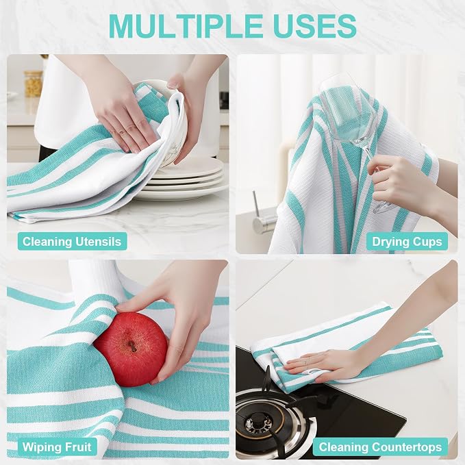 Homaxy Premium Kitchen Towels 18”x 28”, Large Cotton 380 GSM Kitchen Hand Towels, Stripe and Terry Dish Towel, Highly Absorbent Tea Towel Set with Hanging Loop, 3 Pack, Teal