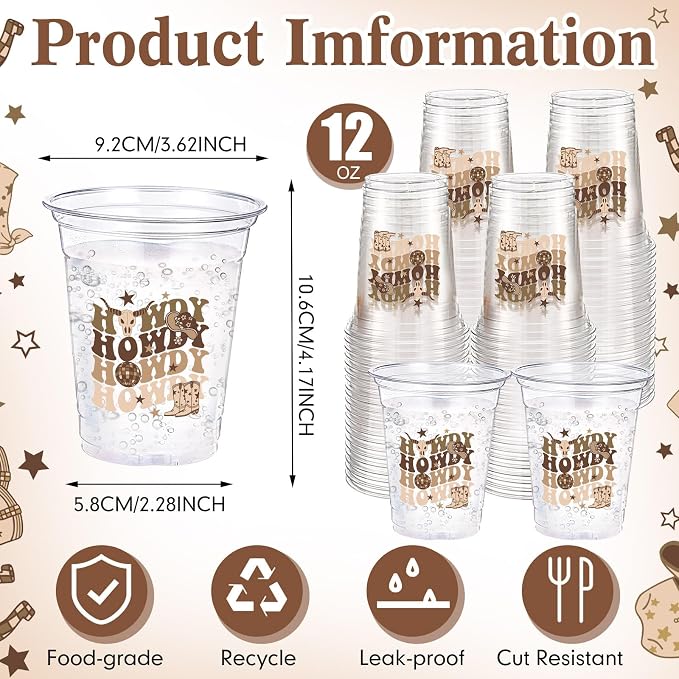 100 Pcs Western Cowboy Plastic Cups 12 oz Brown Howdy Disposable Plastic Cowboy Drinking Cups Bulk for Western Boho Preppy Baby Shower Birthday Wild West Party Decoration Supplies