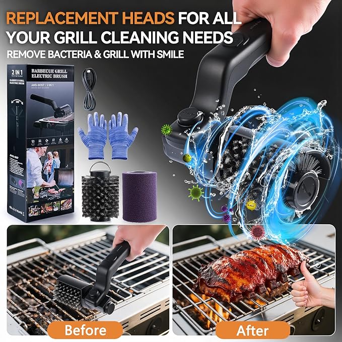 Electric Grill Cordless Cleaning Brush, Upgraded AS SEEN ON TV! BBQ Barbecue Scrubber, High Torque 25W Motor & MAX 400RPM, Dual Heads & Splash Guard