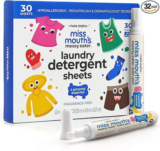 Miss Mouth's Messy Eater Stain Treater Pen - 2 Pack To Go Instant Stain Remover Pen and Detergent Sheets Newborn & Baby Essentials