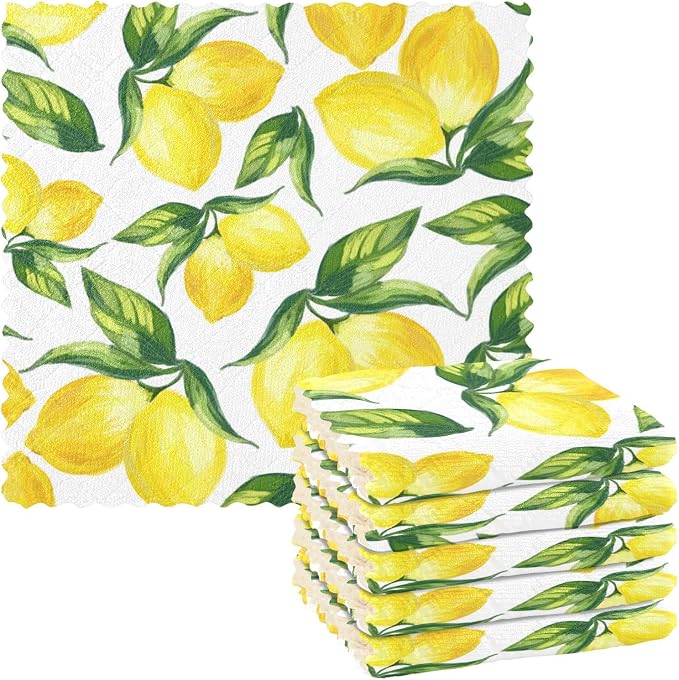 ALAZA Kitchen Towels Yellow Lemon and Green Leaves on White Dish Towels Multipurpose Reusable Dish Cloths Soft Cleaning Cloth Kitchen Accessories Set of 6,11"x11"