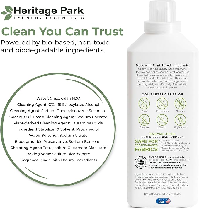 Heritage Park Silk & Wool All-Natural Lavender Mist Scent, pH-Neutral Laundry Detergent - Enzyme-Free, Concentrated Up to 64 loads (32 fl oz)