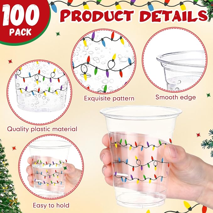 Jingmore 100 Pcs Strawberry Disposable Cups 16 oz Clear Plastic Drinking Cups Bulk for Spring Summer Holiday Birthday Wedding Juice Hot Cold Drinks Party Supplies(Christmas Lights)
