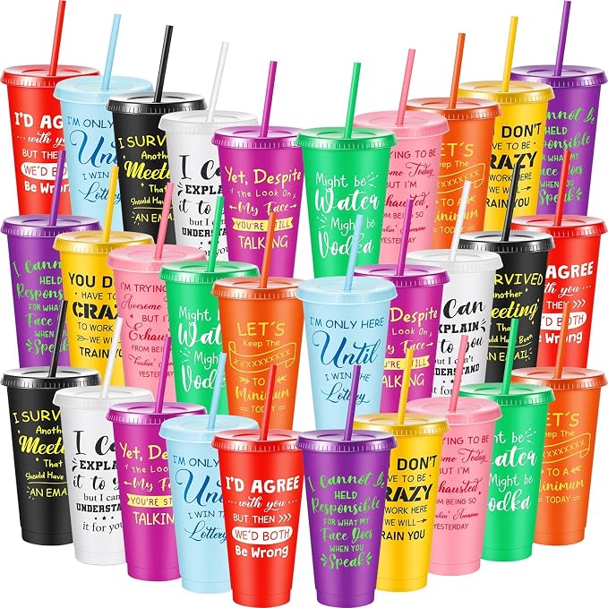 Uiifan 30 Pcs Funny Employee Gifts, Sarcastic Office Gifts for Coworkers Staff, 24oz Colorful Plastic Tumbler with Lids and Straws Bulk, Funny Tumblers for Women Man(Bright Color)