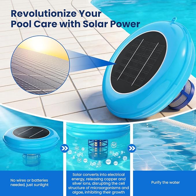 POOLPURE Solar Pool Ionizer, Copper Floating Cleaner, Use up to 85% Less Chlorine, Ideal Pool Cleaner for Above Ground, In-Ground Pools, Spas and Hot Tubs, Up to 35,000 Gal (Blue)