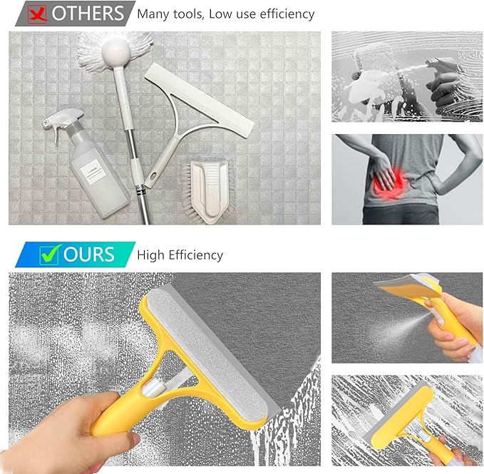 3-in-1 Spray Window Water Absorber Cleaner Scraper, Scraper with Spray Device, for Shower Glass, Mirrors, Cars, Household Window Cleaning Tools (Yellow, Blue, White)