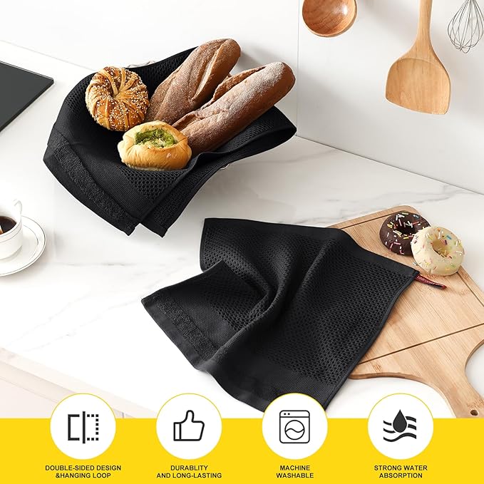 Homaxy Kitchen Towels and Dishcloths Set, 12 x 12 and 13 x 28 Inches, Set of 10 100% Cotton Waffle Weave Kitchen Towels, Super Soft and Absorbent Dish Cloths, Black