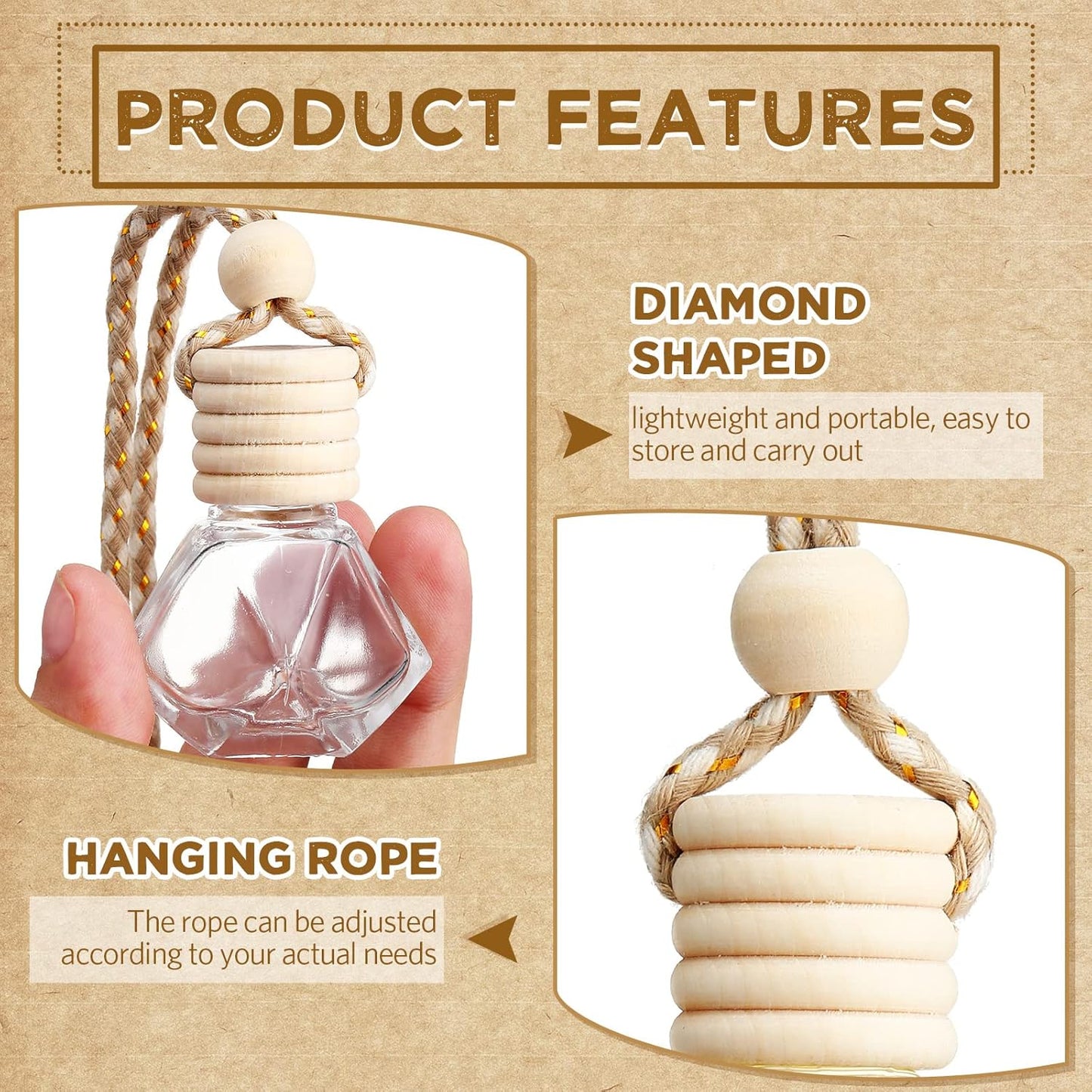 BBTO 50 Pcs Hanging Car Air Freshener Car Diffuser Bottles Empty Glass Perfume Bottle Freshener Diffuser Bottle Pendant for Essential Oil Fragrance Aromatherapy Bottle Ornament(Rhombus)