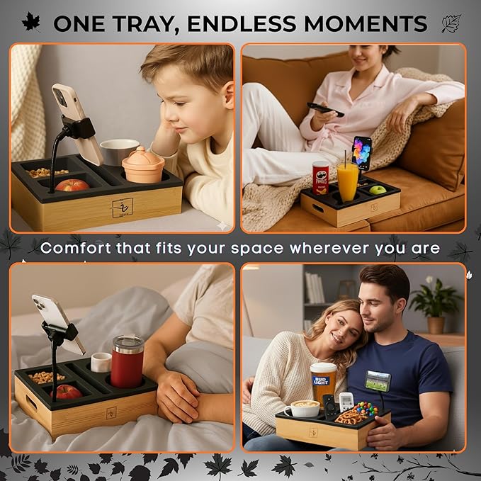 Couch Caddy with Cup Holder | Wood Couch Cup Holder Tray for Drinks, Snacks & Remotes | Couch Tray for Bed, Car Seat & Beach Organizer (Black)