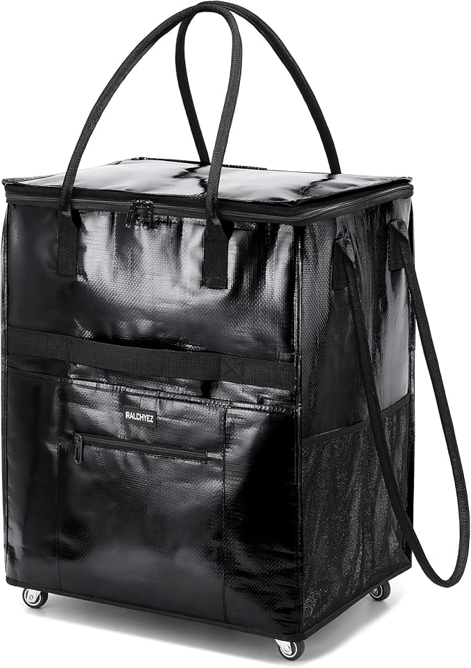 RalChyez Reusable Grocery Bags on Wheels, 120L Rolling Tote Grocery Bag with Handle and Zipper Cover Foldable Shopping Cart Trolley Laundry Basket Bag Black Large