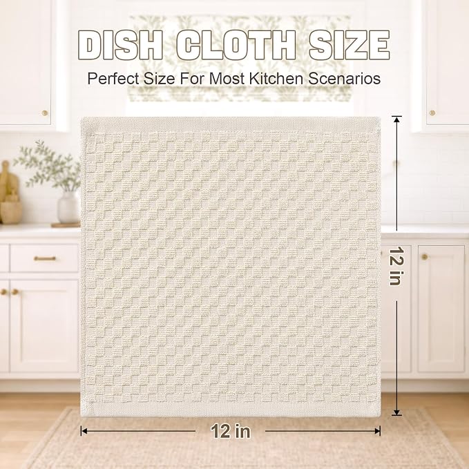 Homaxy 100% Cotton Terry Kitchen Dish Cloths, Ultra Soft Absorbent Dish Towels with Hanging Loop, Pineapple Grid Designed, 12 x 12 Inches, 8-Pack, Beige
