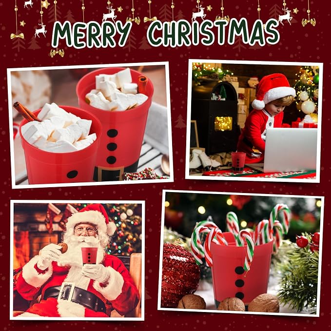 Uiifan 50 Pack Christmas Cups Santa Plastic Cups for Party 12 oz Reusable Stadium Beverage Drinking Tumblers Santa's Belt Plastic Hard for Holiday Festive Party Supplies Decorations(Red)