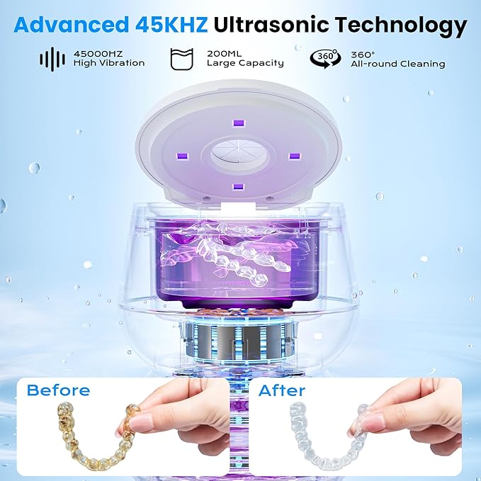 45kHz Ultrasonic Retainer Cleaner, 200ML Dental Cleaning Pod for Dentures, Mouth Guards, Braces, Aligner, Toothbrush Jewelry and More, UV Denture Cleaner with 4 Modes & Digital Timer - White