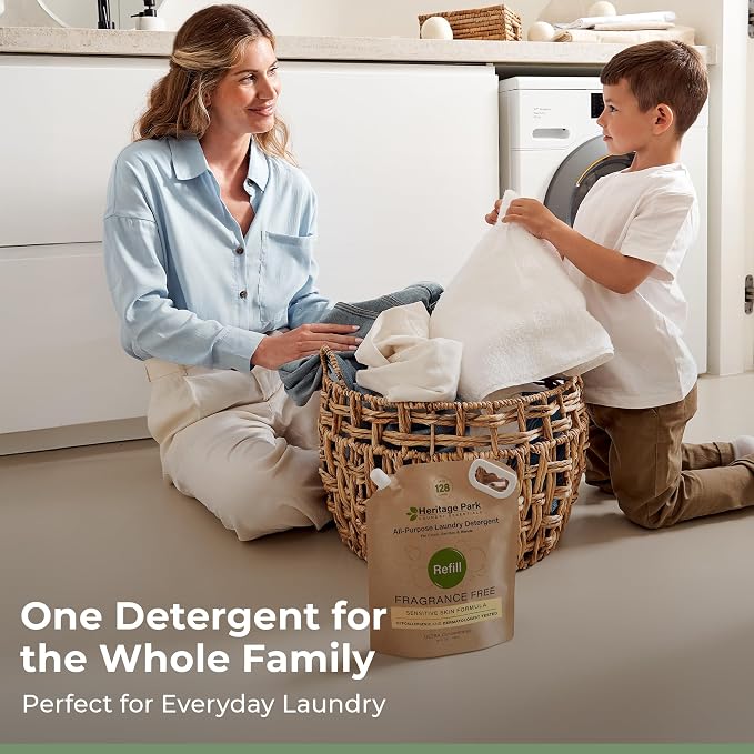 Heritage Park Luxury Laundry Detergent | Dermatologist Tested Plant based Natural & Enzyme Laundry Detergent | Sensitive Skin Friendly - Fragrance Free (64 fl oz Refill)
