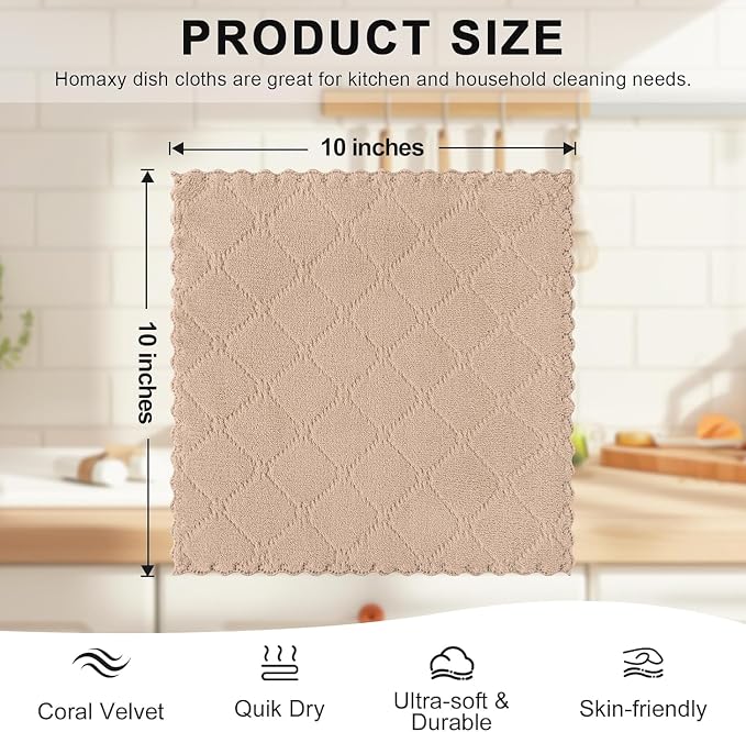 Homaxy 24 Pack Kitchen Dish Cloths (10 x 10 Inches, Tan), Super Soft and Absorbent Coral Velvet Dish Towels, Nonstick Oil Fast Drying Microfiber Cleaning Cloth, No Lint Household Dishcloths