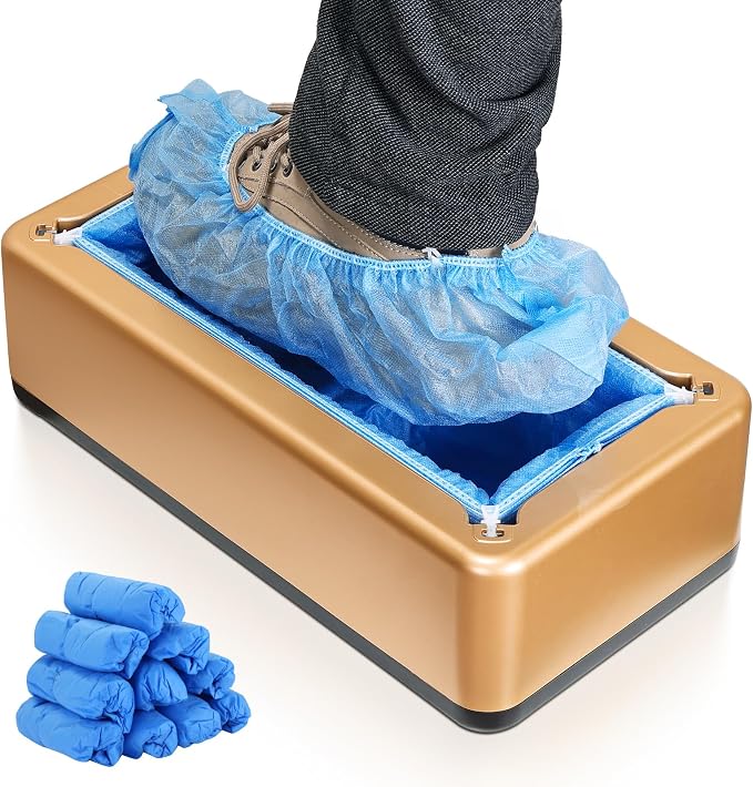 Automatic Shoe Cover Dispenser with 100 Non-Woven Shoe Covers, Hands-Free Design for Home, Office & Laboratory, Durable Silver Machine Keeps Floors Clean, Shoe Cover Machine (Golden)