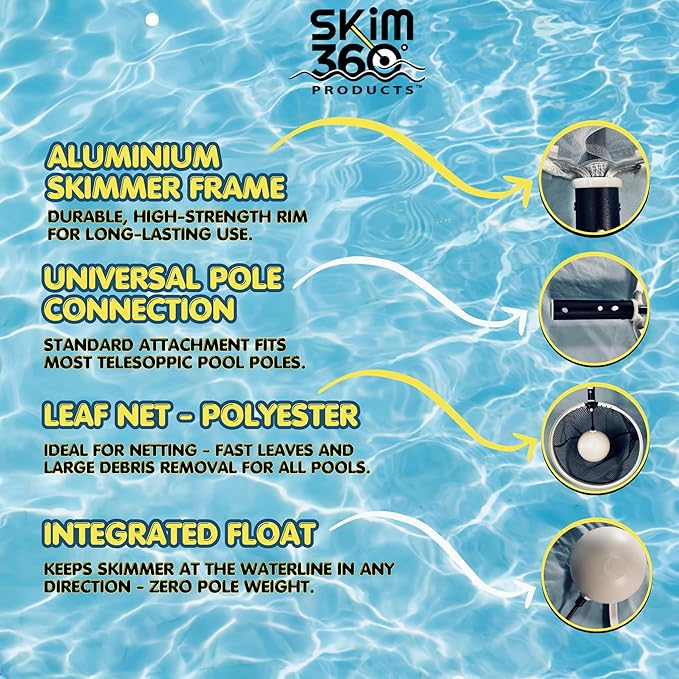 16" Pool Skimmer Net with Float Assist - Heavy Duty Large Leaf Net, 360° Movement in Any Direction, Zero Pole & Skimmer Weight, Fast & Effortless Debris Removal for All Pools, Ponds & Spas