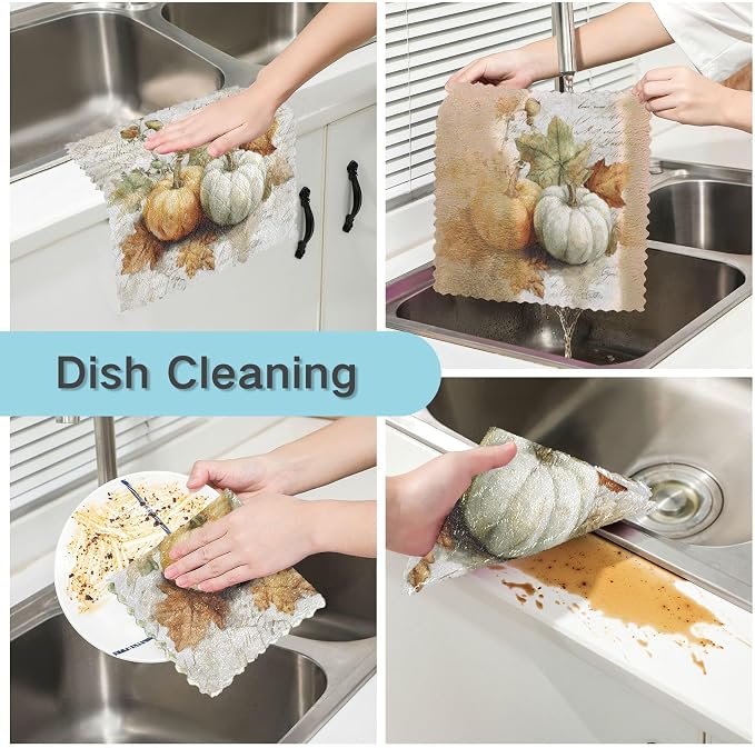 Kitchen Towels Fall Pumpkin Autumn Leaves Thanksgiving Dish Towels Multipurpose Reusable Dish Cloths Soft Cleaning Cloth Kitchen Accessories Set of 6,11"x11"