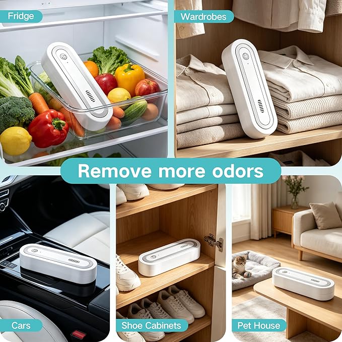 Fridge Deodorizer, Rechargeable with Dual Modes & Compact Design for Refrigerator, Car, Shoe Cabinet to Eliminate Odors and Keep Air Fresh (Silver)