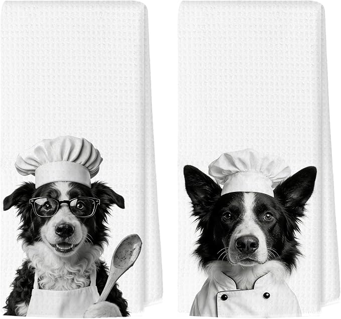 Funny Border Collie Kitchen Towels Set of 2, Dog Kitchen Bar Accessories, Dog Chef Gifts for Women Decorative Hand Towels for Kitchen Decor, Border Collie Lovers Dish Tea Towel, 16x24 Inch