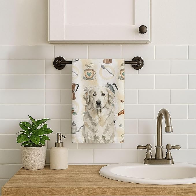 Caroline's Treasures White Great Pyrenees Coffee Bar Kitchen Towel Velour Plush Front and Cotton Loop Back Machine Washable