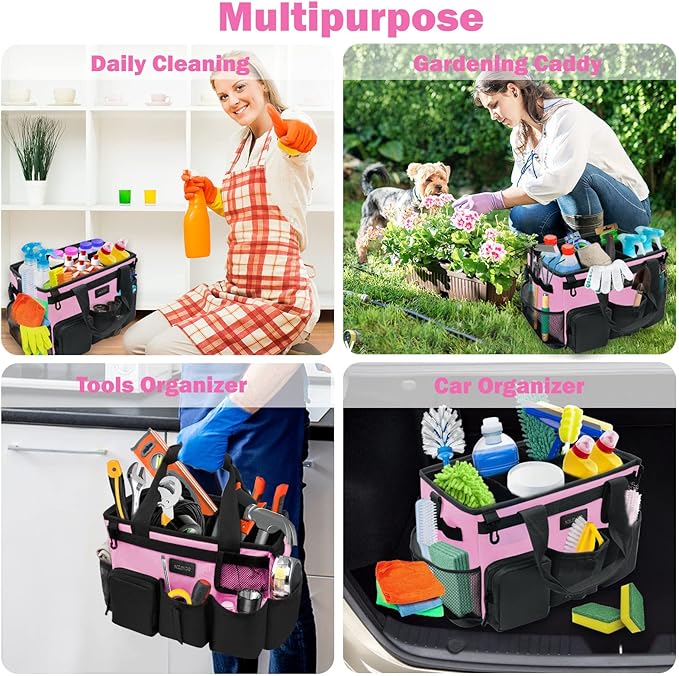 Wearable Cleaning Caddy Bag,Cleaning Supply Tote for Cleaning Supplies, Cleaning Organizer with Adjustable Shoulder and Waist Straps for Cleaners & Housekeepers (Pink, Large)