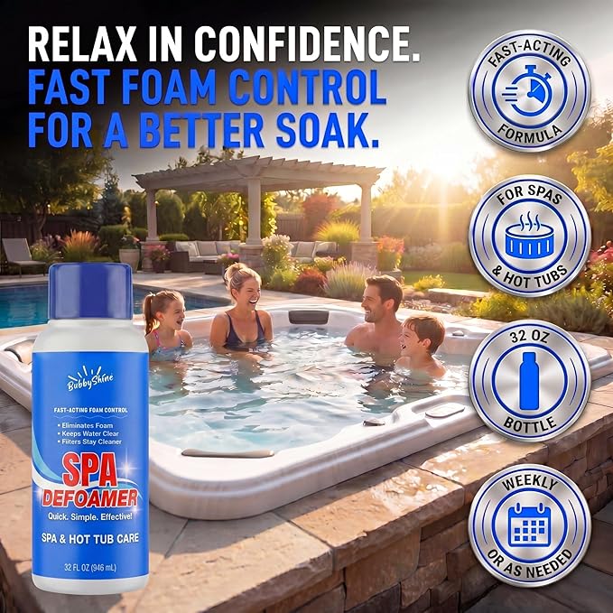 Hot Tub Defoamer, Spa Defoamer Hot Tub Formula, Spa Defoamer for Hot Tub Owners, Hot Tub Anti Foam to Help Keep Foam Down, Fast-Acting Hot Tub Foam Eliminator, 1 Quart (32 fl oz), BubbyShine