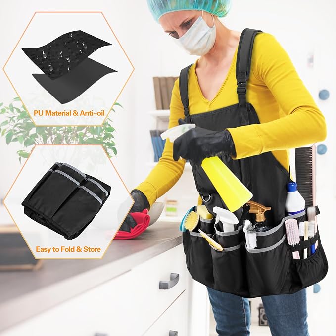 HODRANT Extra-Large Cleaning Caddy & Large Cleaning Apron, Gray Cleaning Supplies Organizer with Handle & House Cleaning Apron with Dual Shoulder Straps For Cleaning Tools Products Storage
