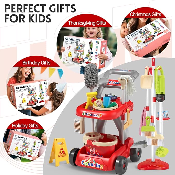 Kids Cleaning Toy Set, Educational Pretend Play Cart with 29 Pcs, Detachable Housekeeping Tools for Toddlers