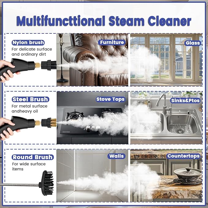 Steam Cleaner, Portable Pressurized Steamer for Cleaning with 14pcs Accessories, 6-Level Adjustable and 15s Heat-Up, Handheld Steam Cleaner for Home, Tile, Dirt, Grout, Grease, Car Detailing(Red)