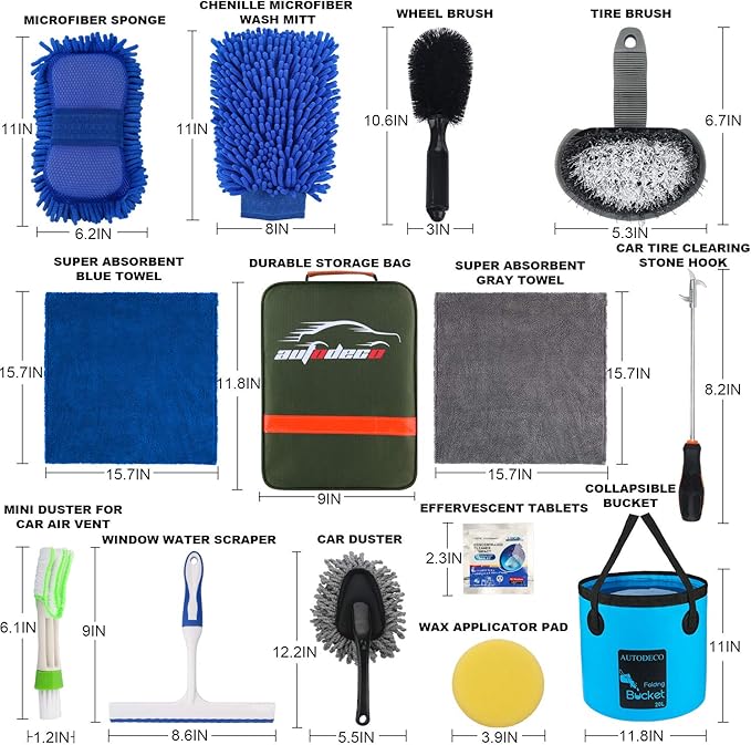 22Pcs Car Wash Cleaning Tools Kit Car Detailing Set with Olive Green Canvas Bag Collapsible Bucket Wash Mitt Sponge Towels Tire Brush Window Scraper Duster Complete Interior Car Care Kit