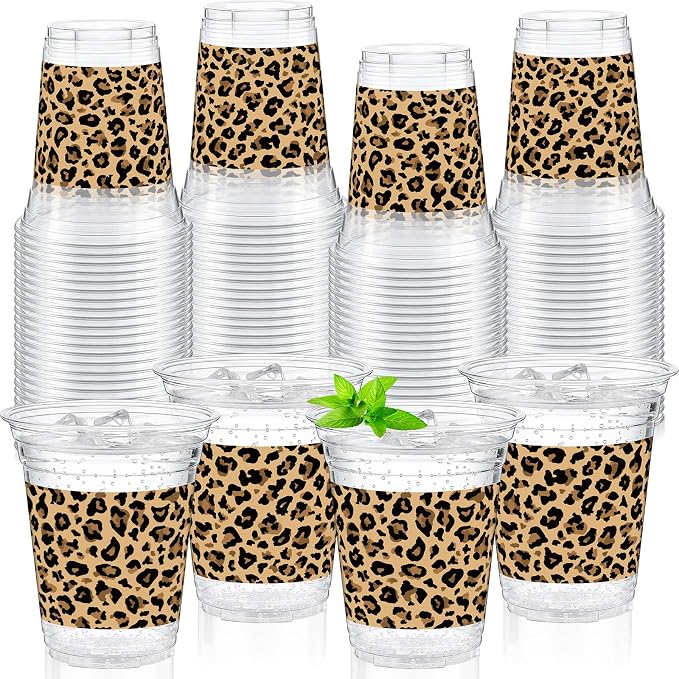 Qinyoung 100 Pcs Plastic Cups 12oz Disposable Cups Bulk Drinking Cup for Cold Drinks Baby Shower Wedding Birthday Valentine's Day Party Supplies (Leopard Print)