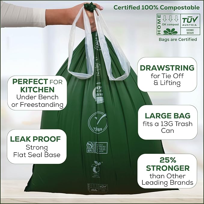 Large Compostable Drawstring Trash Bags - 8-10 Gallon, 60 Pack | Plastic-Free Kitchen & Bathroom Garbage Bags with Drawstring Handles | Thick Bin Bag Liners for Green & Food Waste