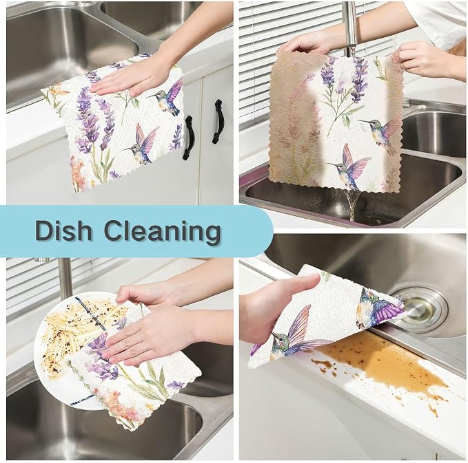 Lavender Hummingbird Kitchen Towels Dish Cloths Set of 6 Microfiber Cleaning Cloths for Cars Super Absorbent Machine
