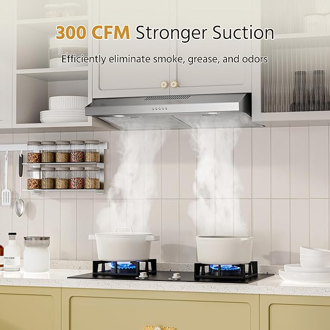FIREGAS 30 Inch Under Cabinet Range Hood with Quiet Brushless Motor, 300CFM Ducted/Ductless Convertible Vent Hood, 3 Speed Exhaust Fan, LED Light & Reusable Filter, Stainless Steel Kitchen Stove Hood