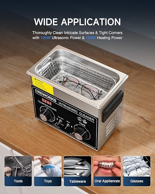 CREWORKS 3L Ultrasonic Cleaner with Degas & Gentle Modes, 120W Stainless Steel Ultrasonic Cleaner Machine with Heater and Timer, Ultrasonic Parts Cleaner with Knob Control for Jewelry Glasses Watch
