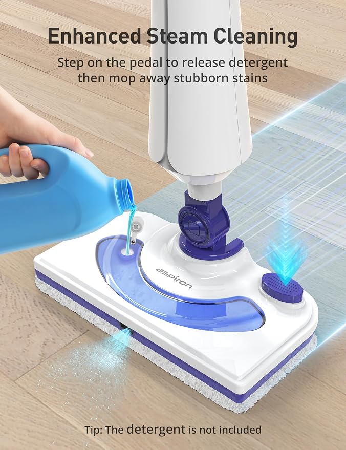 Professional Steam Mop Cleaner, 1300W Floor Steamer with Detergent Chamber, 25S Heat Up, Lightweight Steamer for Cleaning with 2 Washable Pads, Safe for Tiles, Upholstery, Carpet, Hardwood, Azure