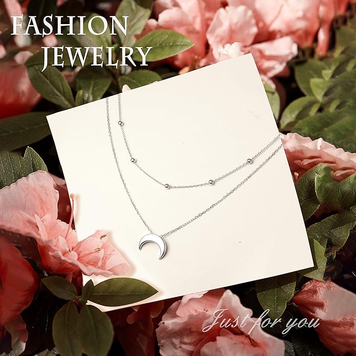 FLYOW Layered Choker Necklace S925 Sterling Silver Star Full Moon Daisy Flower Pendant Disc Jewelry Adjustable Clavicle Necklaces for Women Girls Birthday Gifts