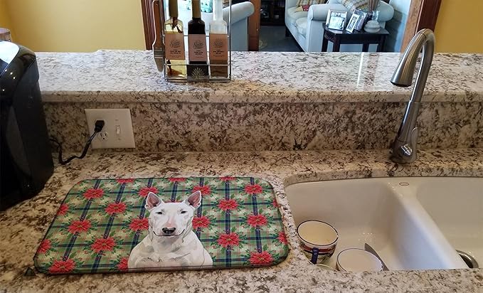 Caroline's Treasures White Bull Terrier Christmas PoinsettIas Dish Drying Mat Absorbent Dish Drying Mat Pad for Kitchen Counter Dish Drainer Mat for Countertop, 14 x 21", Multicolor