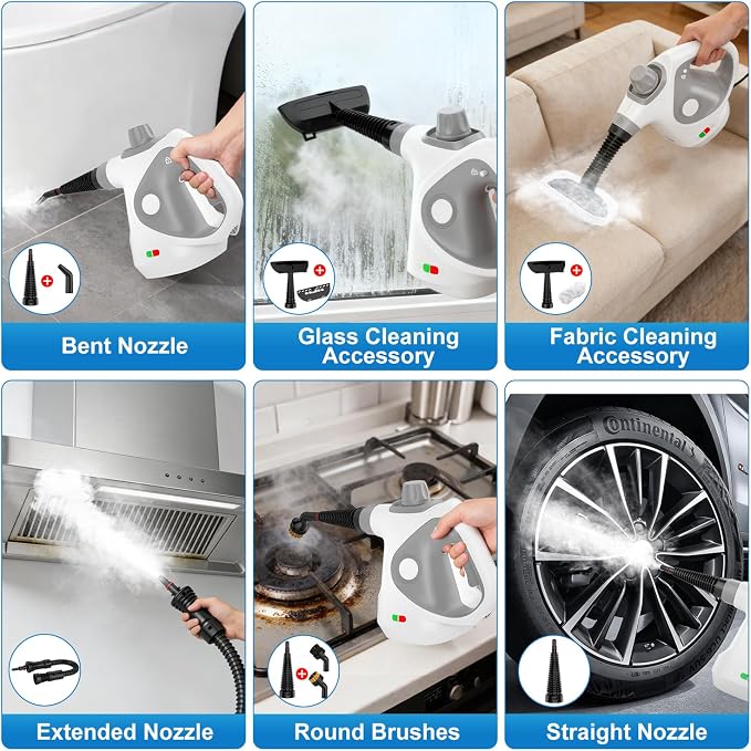 Handheld Steam Cleaner for Home, Pressurized Portable Steamer for Cleaning with 15 Accessories for Multi-Surface Cleaning, Floors, Tiles, Grout, Kitchen, Bathroom, Couch & Car(Gray Cap&Gray Handle)