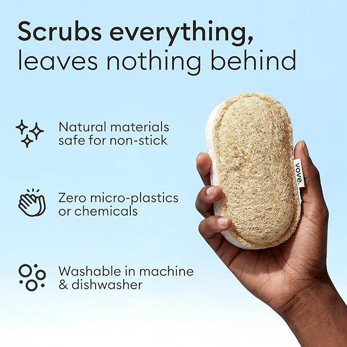 Vove Cleaning Duo, Bamboo Dish Brush Set and Natural Dish Sponges, FSC-Certified Bamboo, Sisal, Loofah, Cellulose, Plastic-Free, Eco-Friendly Zero-Waste Kitchen Dish Scrubber Set