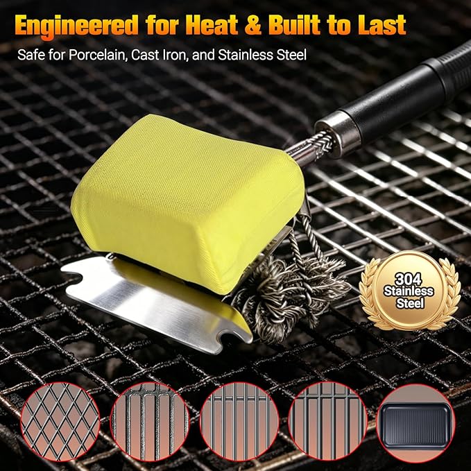 Professional 3-in-1 Grill Brush and Scraper with Safety Second Sweep Sponges - 18" Detachable Long Handle BBQ Cleaner for Heavy Duty Grime - Ideal Father's Day Grilling Gift for Men (Black)
